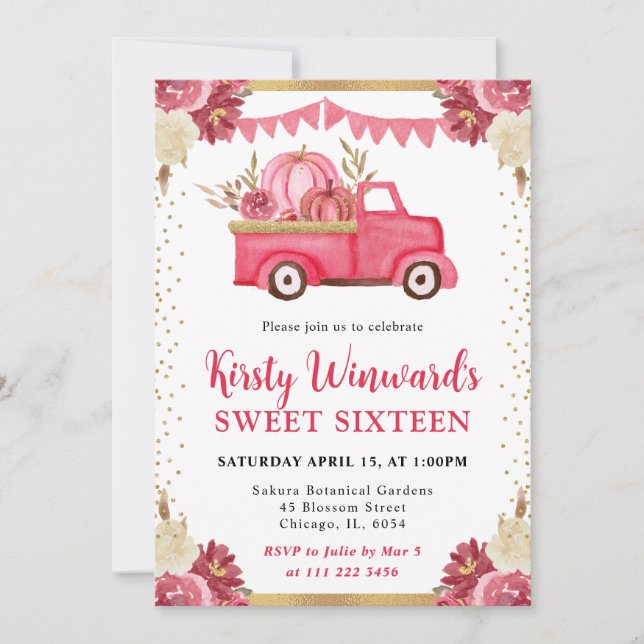 Pink Gold Floral Pumpkin Truck Fall Sweet 16 Invitation (Front)