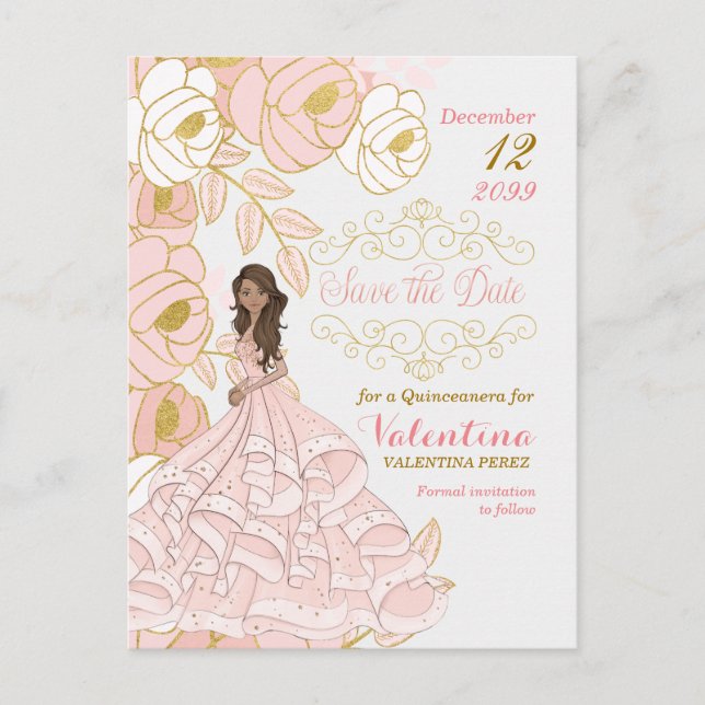 Pink Gold Floral Quincanera Save the Date Announcement Postcard (Front)