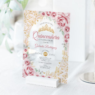 Pink Gold Floral Quinceanera Acrylic Invitations