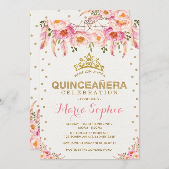 Pink Gold Floral Quinceañera Feminine Dreamcatcher Invitation (Front/Back)