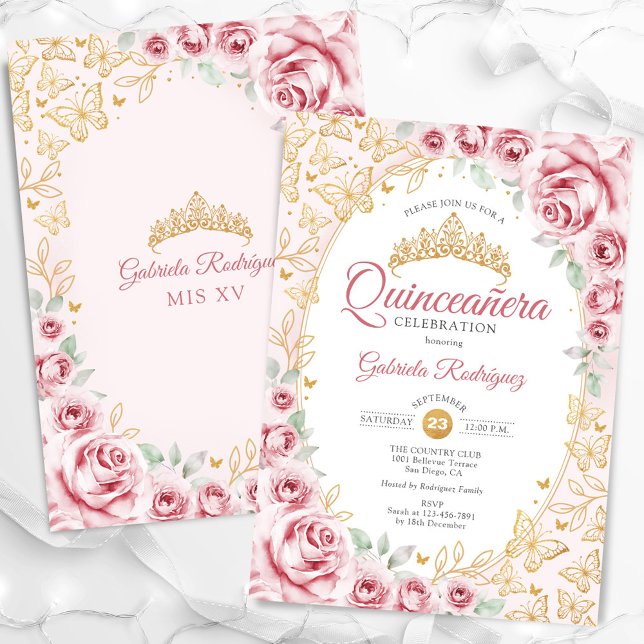 Pink Gold Floral Quinceanera Invitation (Creator Uploaded)
