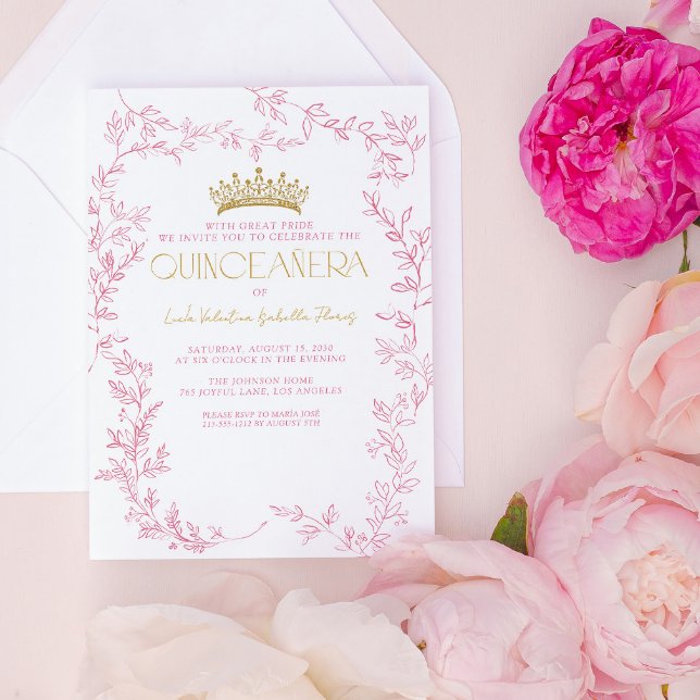 Pink Gold Floral Quinceañera Mis Quince Años Invitation (Creator Uploaded)