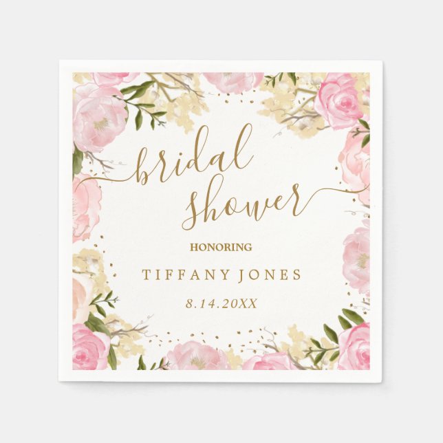 Pink Gold Floral Rose Watercolor Bridal Shower Napkin (Front)