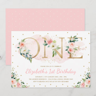 Pink Gold Floral Roses 1st First Birthday Party Invitation