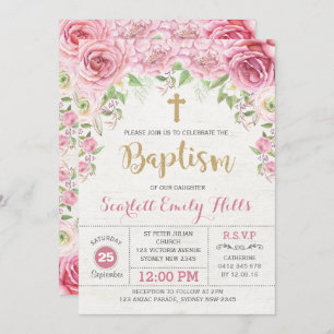 Pink Gold Floral Roses Girl Baptism Invitation