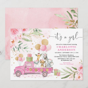 Pink Gold Floral Safari Animals Girl Baby Shower Invitation