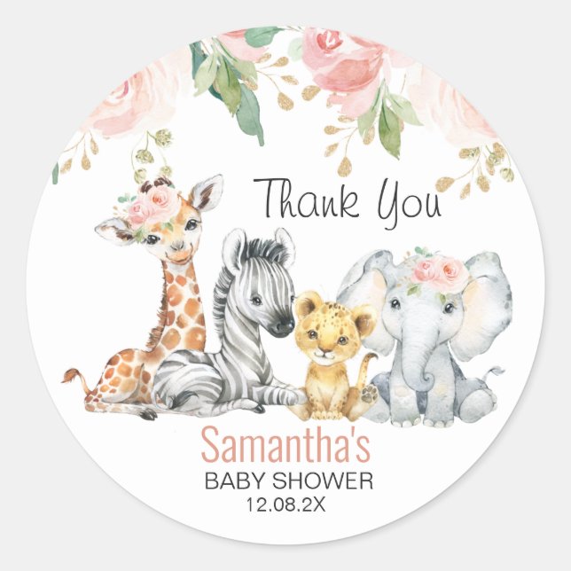 Pink Gold Floral Safari Baby Shower Thank You  Classic Round Sticker (Front)