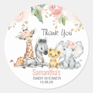 Pink Gold Floral Safari Baby Shower Thank You  Classic Round Sticker
