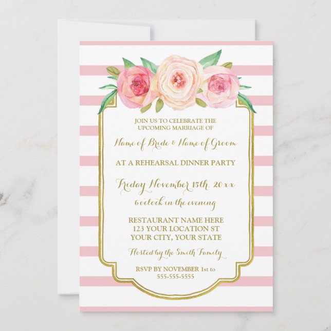 Pink Gold Floral Stripes Rehearsal Dinner Party Invitation (Back)