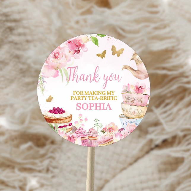 Pink Gold Floral Tea Par-Tea Birthday Party Classic Round Sticker (Pink Gold Floral Tea Par-Tea Birthday Party Sticker
)