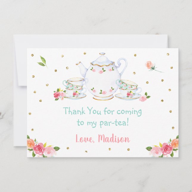 Pink Gold Floral Tea Party Birthday Thank You Card (Front)