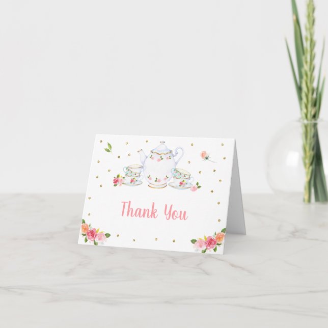 Pink Gold Floral Tea Party Birthday Thank You Card (Front)