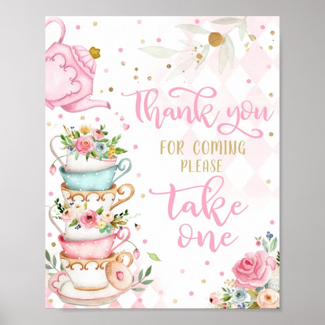 Pink & Gold Floral Tea Party Favours Par-Tea  Poster (Front)