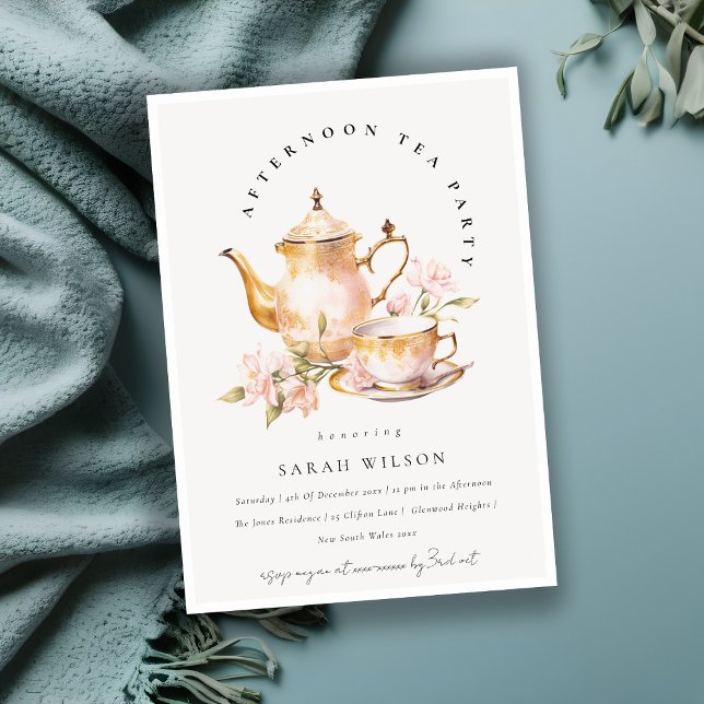 Pink Gold Floral Tea Set Afternoon Tea Party  Invitation (Creator Uploaded)