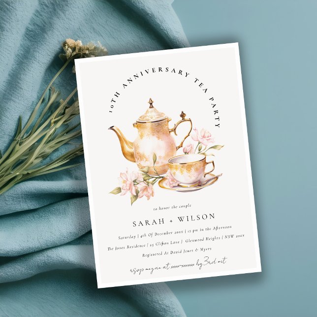 Pink Gold Floral Tea Set Anniversary Tea Party  Invitation (Creator Uploaded)