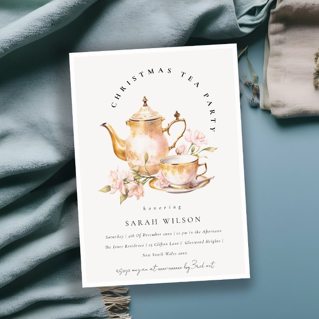 Pink Gold Floral Tea Set Christmas Tea Party  Invitation (Creator Uploaded)