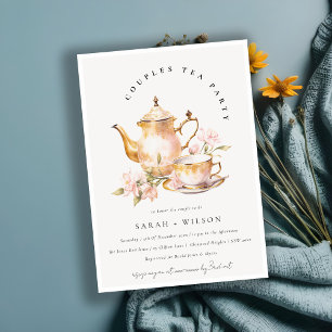 Pink Gold Floral Tea Set Couples Shower Tea Party Invitation