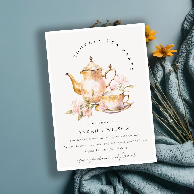 Pink Gold Floral Tea Set Couples Shower Tea Party  Invitation (Creator Uploaded)