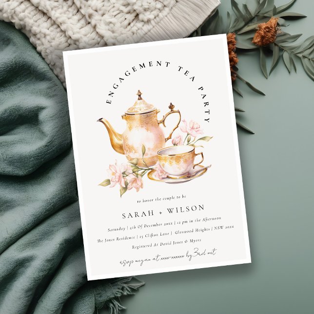 Pink Gold Floral Tea Set Engagement Tea Party  Invitation (Creator Uploaded)