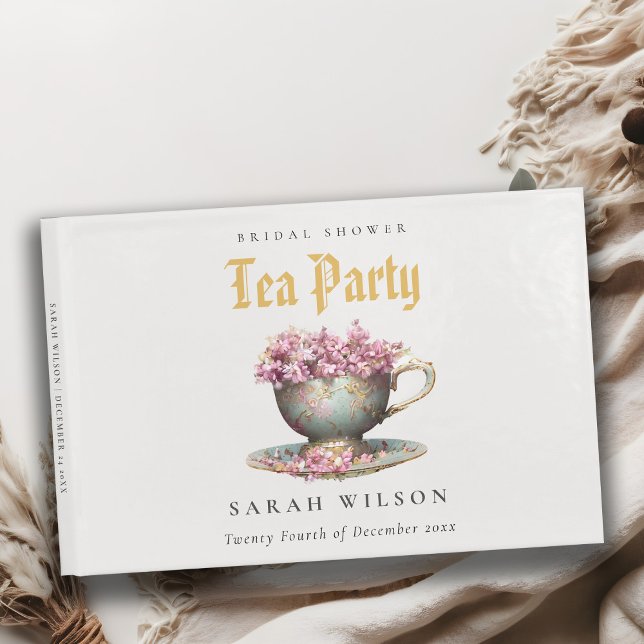 Pink Gold Floral Teacup Bridal Shower Tea Party  Guest Book (Creator Uploaded)