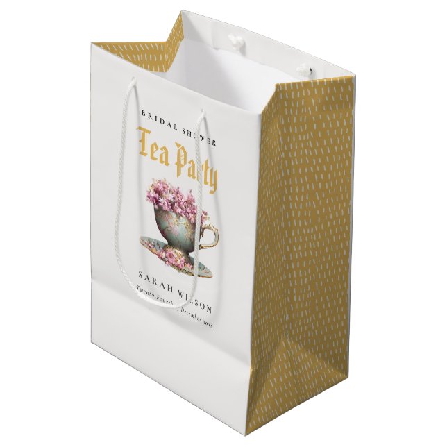 Pink Gold Floral Teacup Bridal Shower Tea Party  Medium Gift Bag (Front Angled)