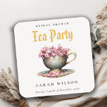Pink Gold Floral Teacup Bridal Shower Tea Party  Square Paper Coaster<br><div class="desc">Royal Pink Teal Gold Floral Teacup Theme Collection.- it's an elegant royal script watercolor Illustration of soft delicate teal Gold teacup with pink, burgundy flowers perfect for your tea parties. It’s very easy to customise, with your personal details. If you need any other matching product or customisation, kindly message via...</div>