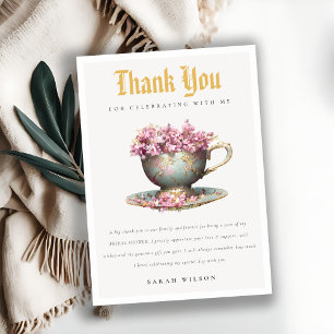 Pink Gold Floral Teacup Bridal Shower Tea Party Thank You Card