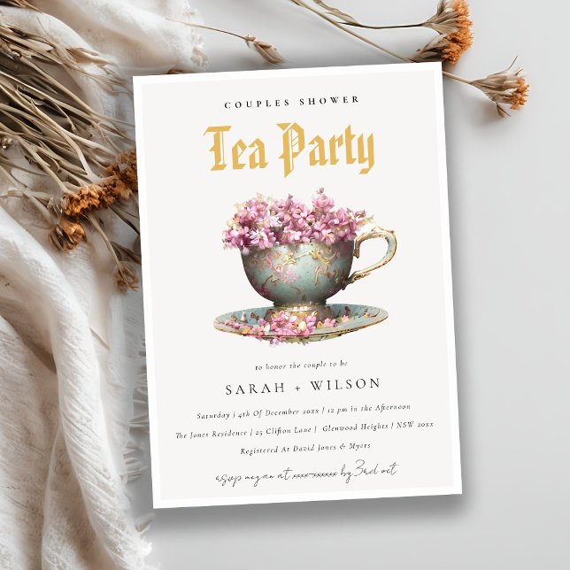 Pink Gold Floral Teacup Couples Shower Tea Party  Invitation (Creator Uploaded)