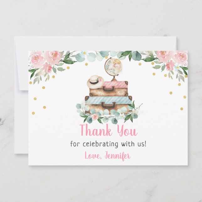 Pink Gold Floral Travel Bridal Shower Thank You Card (Front)