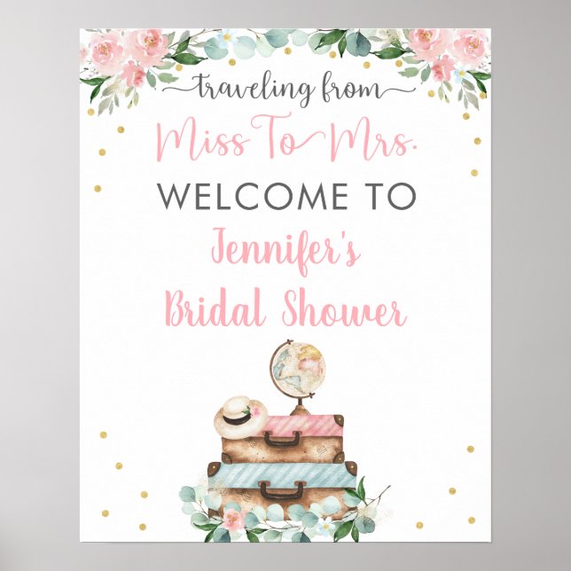 Pink Gold Floral Travel Bridal Shower Welcome Poster (Front)