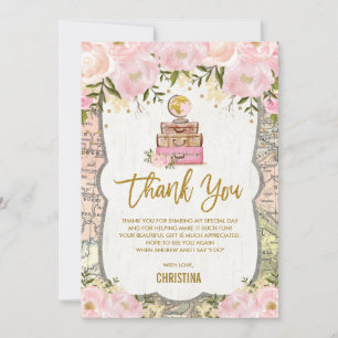 Pink Gold Floral Travel Map Bridal Shower Thank You Card
