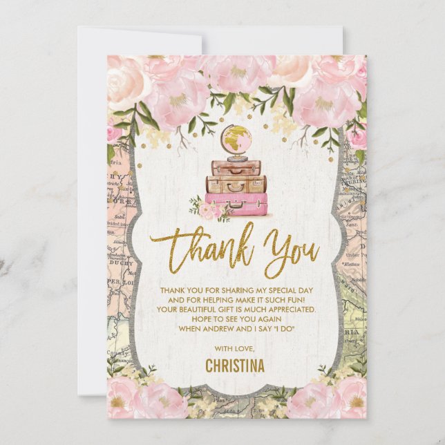 Pink Gold Floral Travel Map Bridal Shower Thank You Card (Front)