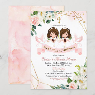 Pink & Gold Floral Twin Girl First Holy Communion Invitation