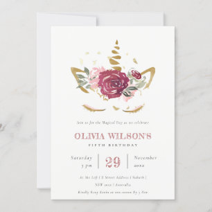 Pink Gold Floral Unicorn Any Age Birthday Invite