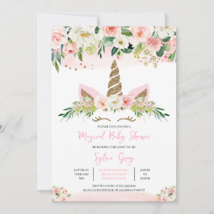 Pink Gold Floral Unicorn Baby Shower Invitation
