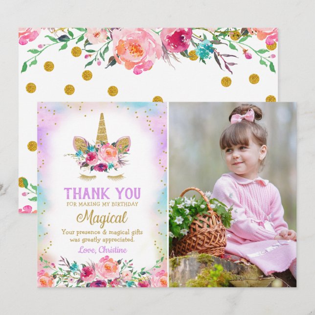 Pink Gold Floral Unicorn Birthday Photo Thank You (Front/Back)