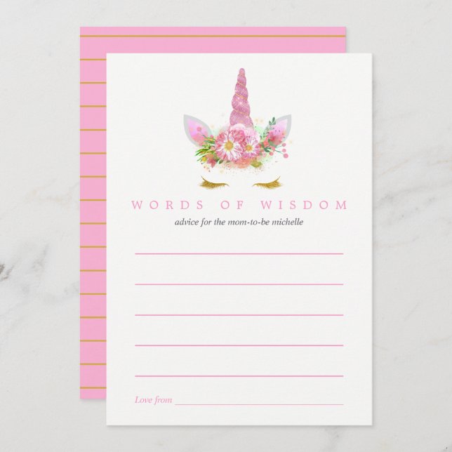 Pink & Gold Floral Unicorn Girl Baby Shower Advice Invitation (Front/Back)