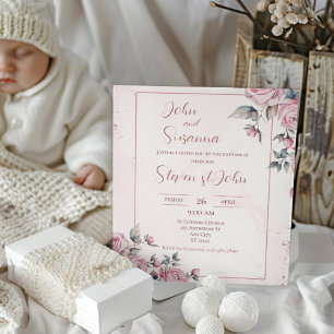 Pink Gold Floral Watercolor Heart Portrait Baptism Invitation