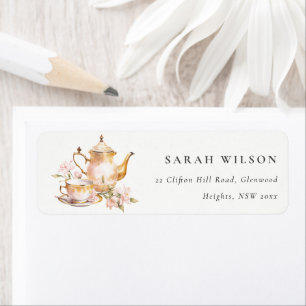 Pink Gold Floral Watercolor Tea Set Address Return Address Label