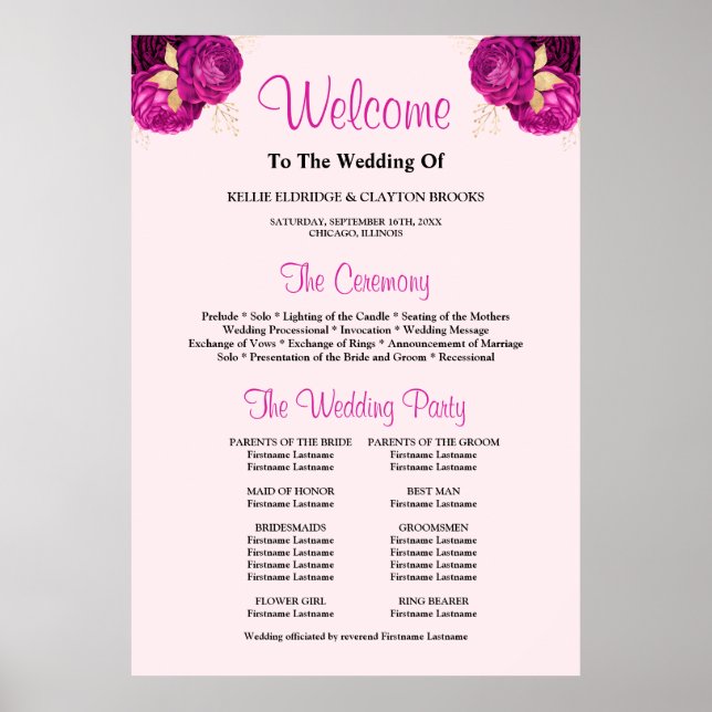 Pink/Gold Floral Wedding Ceremony Program Sign (Front)