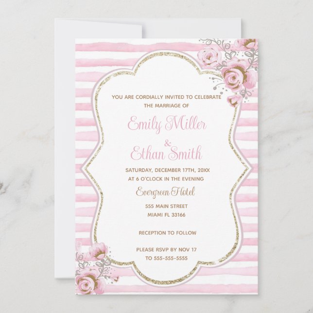 Pink gold floral wedding invitation watercolor (Front)