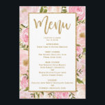 Pink & Gold Floral Wedding Menu Template Card<br><div class="desc">FEMININE PINK & GOLD WEDDING MENU CARD
Featuring gorgeous blush pink watercolor flowers and rustic green foliage</div>