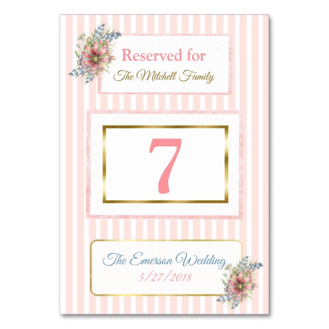 PInk Gold Floral Wedding Table Number Card (Front)