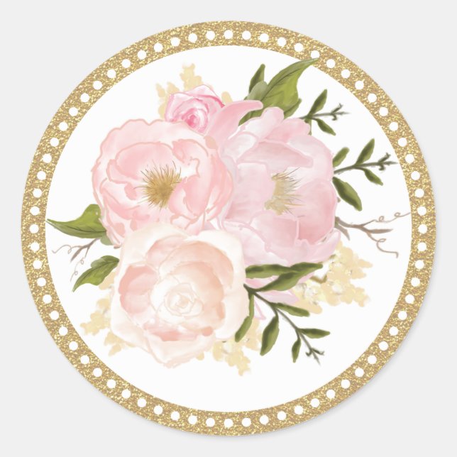 Pink Gold Floral Wedding Thank You Round Sticker (Front)
