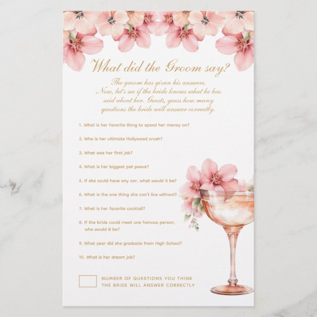 Pink Gold Floral What Did the Groom Say Game Flyer (Front)