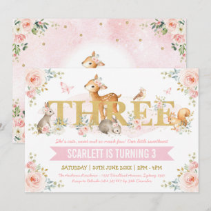 Pink Gold Floral Woodland Animals 3rd Birthday Invitation