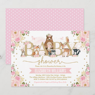 Pink Gold Floral Woodland Animals Girl Baby Shower Invitation