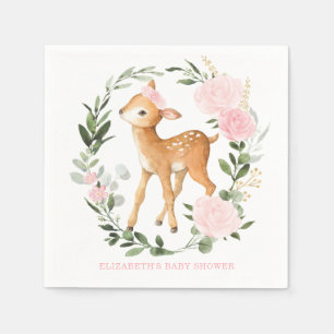 Pink Gold Floral Woodland Deer Fawn Baby Shower Napkin