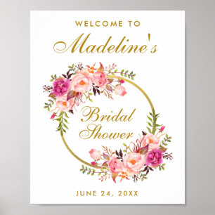 Pink Gold Floral Wreath Bridal Shower Welcome Poster