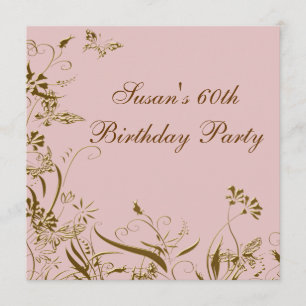 Pink Gold Flower Butterfly Womans 60th Birthday Invitation